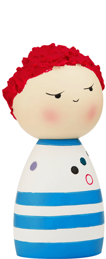 Spike Momiji doll with bright red spiky hair, painted face, and a blue-and-white striped body. Collectible with secret message. — Momiji Doll