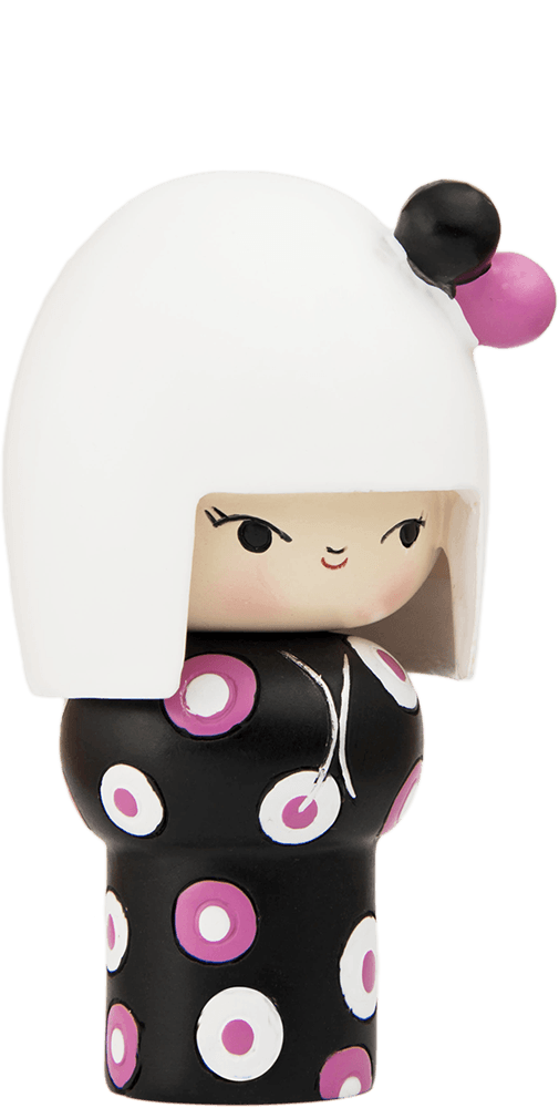 Dance Dance Dance Momiji doll with white helmet hat, black dress with pink dots, and a big smiling face. — Momiji Doll