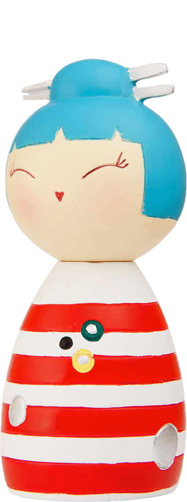 Momiji doll Blu with blue hair, chopsticks in her hair, a red-striped dress, rosy cheeks, and collectible design charm. — Momiji Doll
