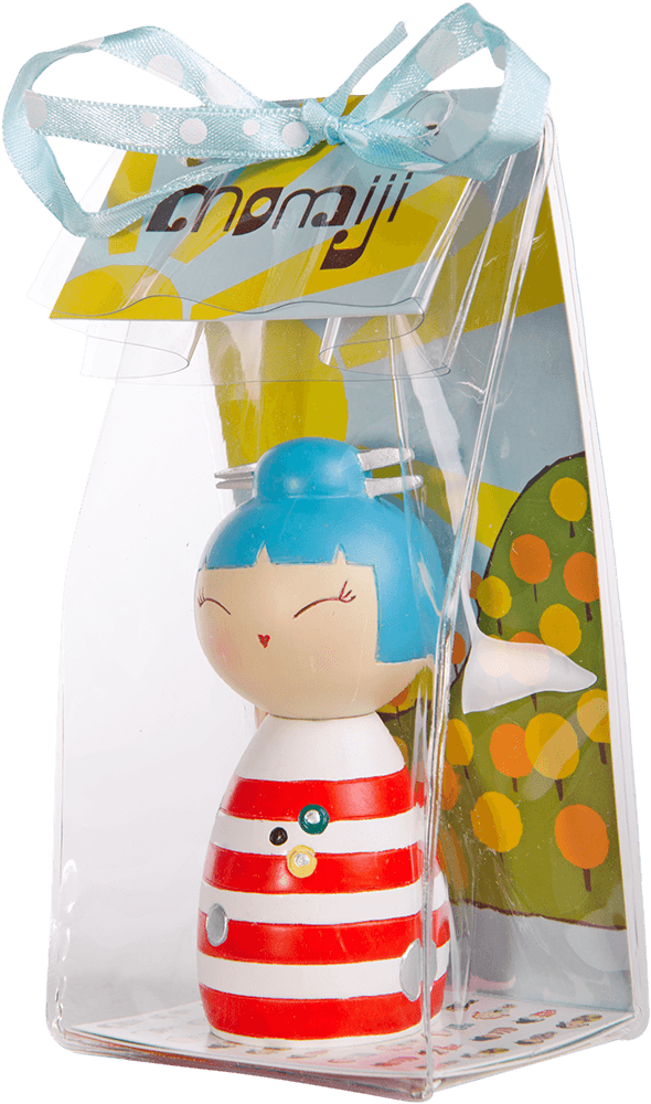 Blu Momiji doll with blue hair and a red striped dress, inside a clear box topped with a blue bow. — Momiji Doll
