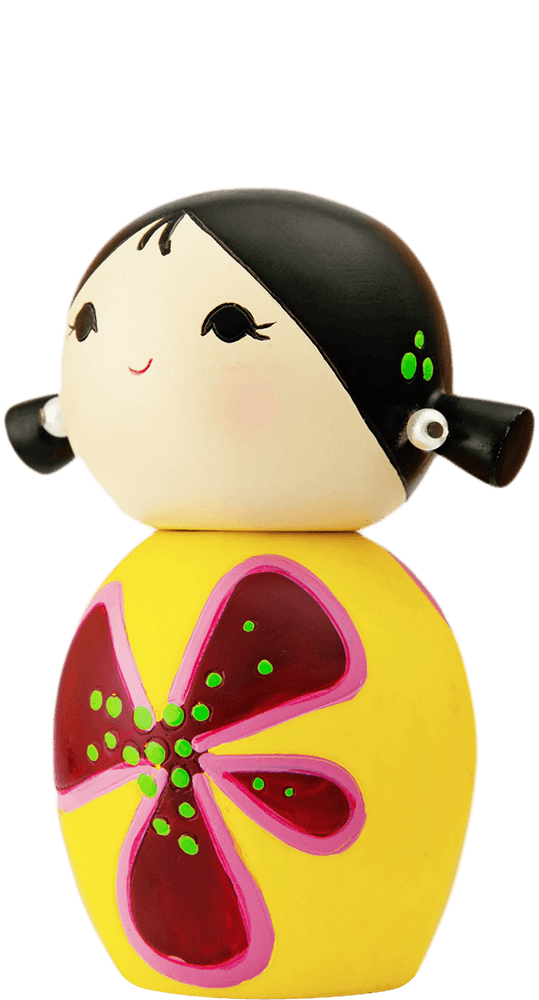 Dreaming Momiji doll with black hair, yellow body, and a large pink and green flower on its dress. — Momiji Doll