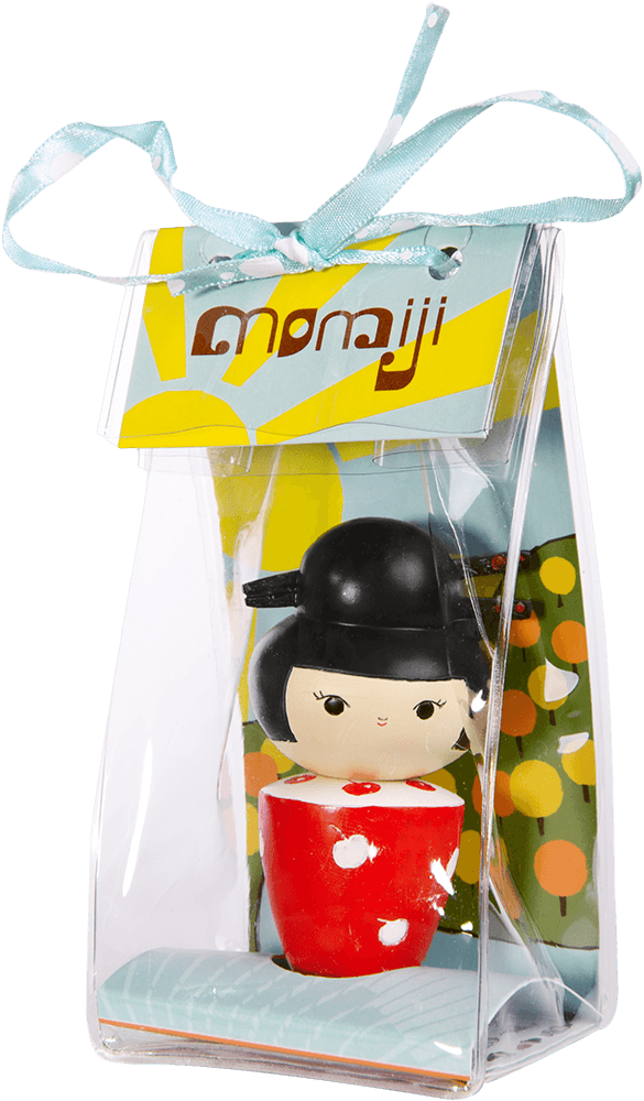 Momiji doll Cherries wears a red and white outfit, packaged in a box with a blue ribbon and Momiji tag, hiding a secret message. — Momiji Doll