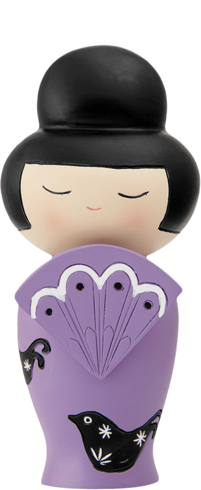 Momiji doll Peaches has black hair, closed eyes, holds a purple fan, and wears an outfit with black bird patterns. — Momiji Doll