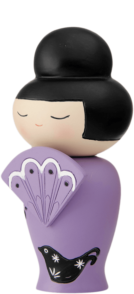 Peaches Momiji doll has black hair in a bun, closed eyes, a purple dress and holds a matching purple fan. — Momiji Doll