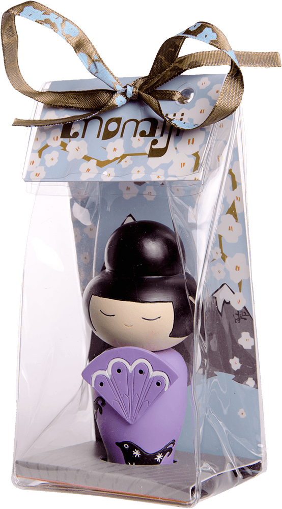 Peaches Momiji doll with black hair in a clear gift box, gold ribbon tied on top; kawaii collectible with secret message inside. — Momiji Doll