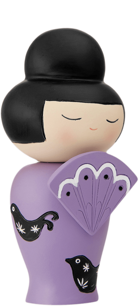 Peaches Momiji doll with purple outfit, black bird motifs, matching fan, eyes closed, hair in a bun; message inside. — Momiji Doll