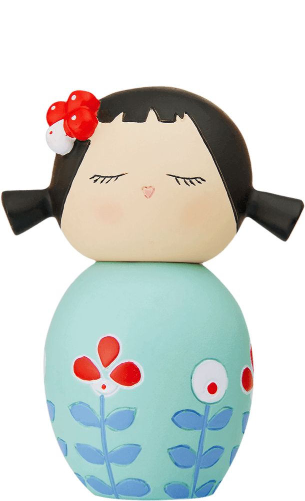 Flowers 2 Momiji doll with black pigtails, red bow, and light blue dress with flower design. Secret message hidden inside. — Momiji Doll
