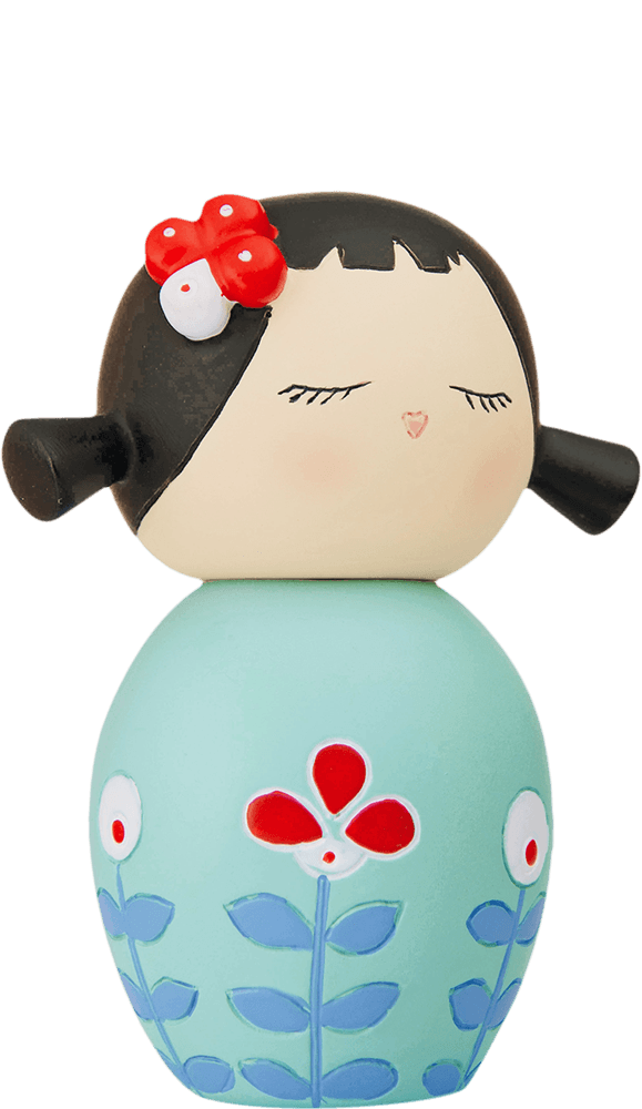 Flowers 2 Momiji doll with black hair, red bow, light blue dress covered in red and white flowers; hides a secret message inside. — Momiji Doll