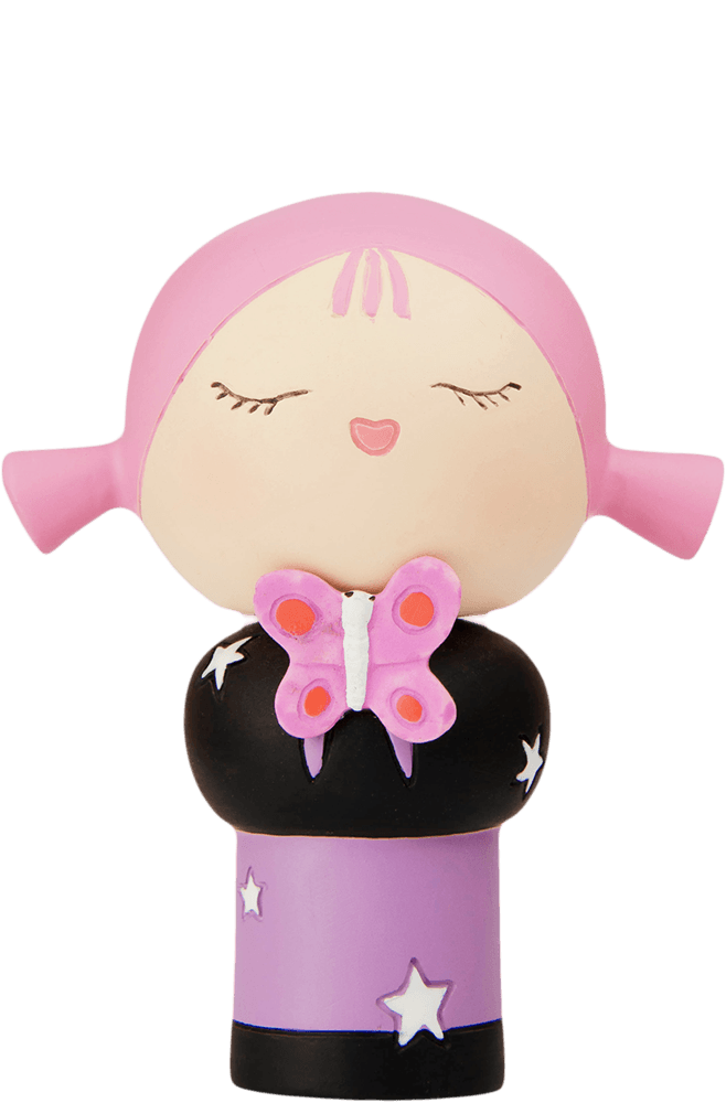 The Smiling Momiji doll features pink hair, closed eyes, a butterfly on her chest, and a black-purple starry outfit. — Momiji Doll