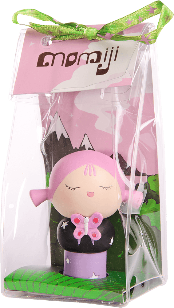 The Smiling Momiji doll has pink hair, closed eyes, and is packaged in a clear box with a pink tag and green ribbon. — Momiji Doll