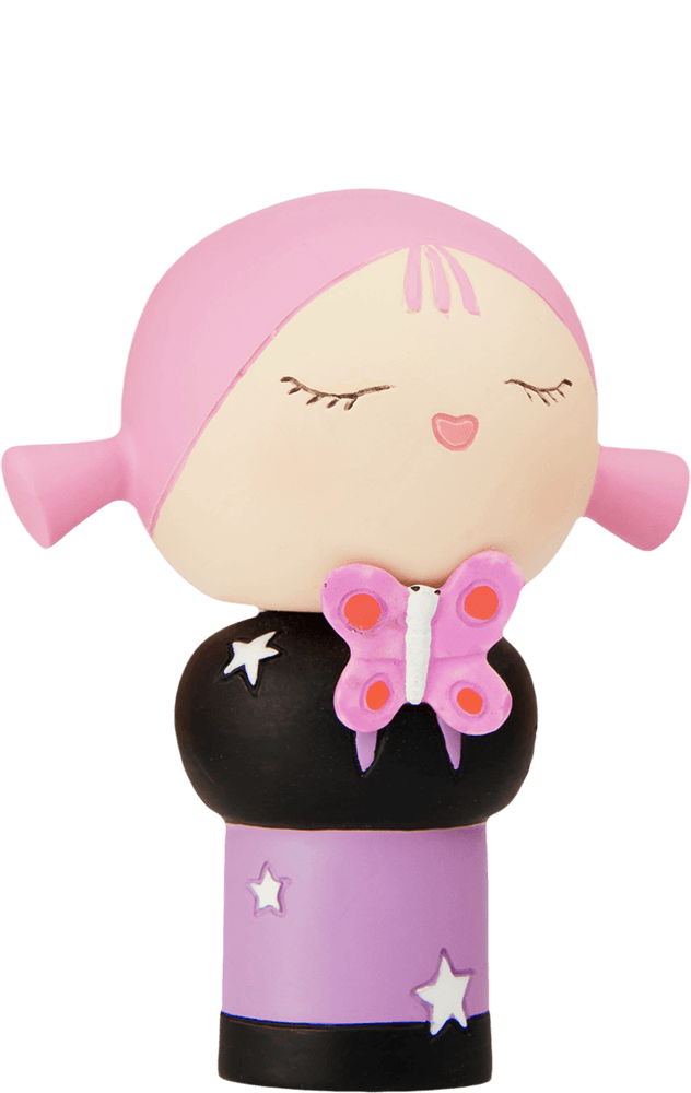 Smiling Momiji doll with pink hair and closed eyes, holding a pink butterfly in a black and purple starry outfit. — Momiji Doll