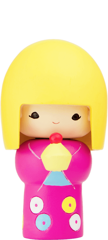 Pixie Momiji doll with yellow bob, pink dress, colorful circles, and holding a yellow object. Message hidden inside. — Momiji Doll