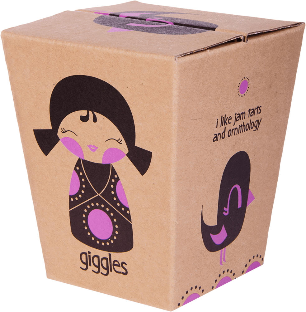 The Giggles 2 Momiji doll features a kawaii girl and bird on the brown box, with the quote "I like jam tarts and ornithology. — Momiji Doll
