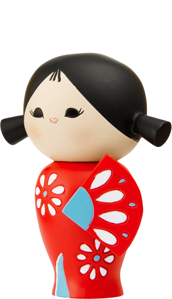 Happy Happy Happy Momiji doll with black hair, red outfit, and a matching red fan. Cute collectible with a hidden secret message. — Momiji Doll