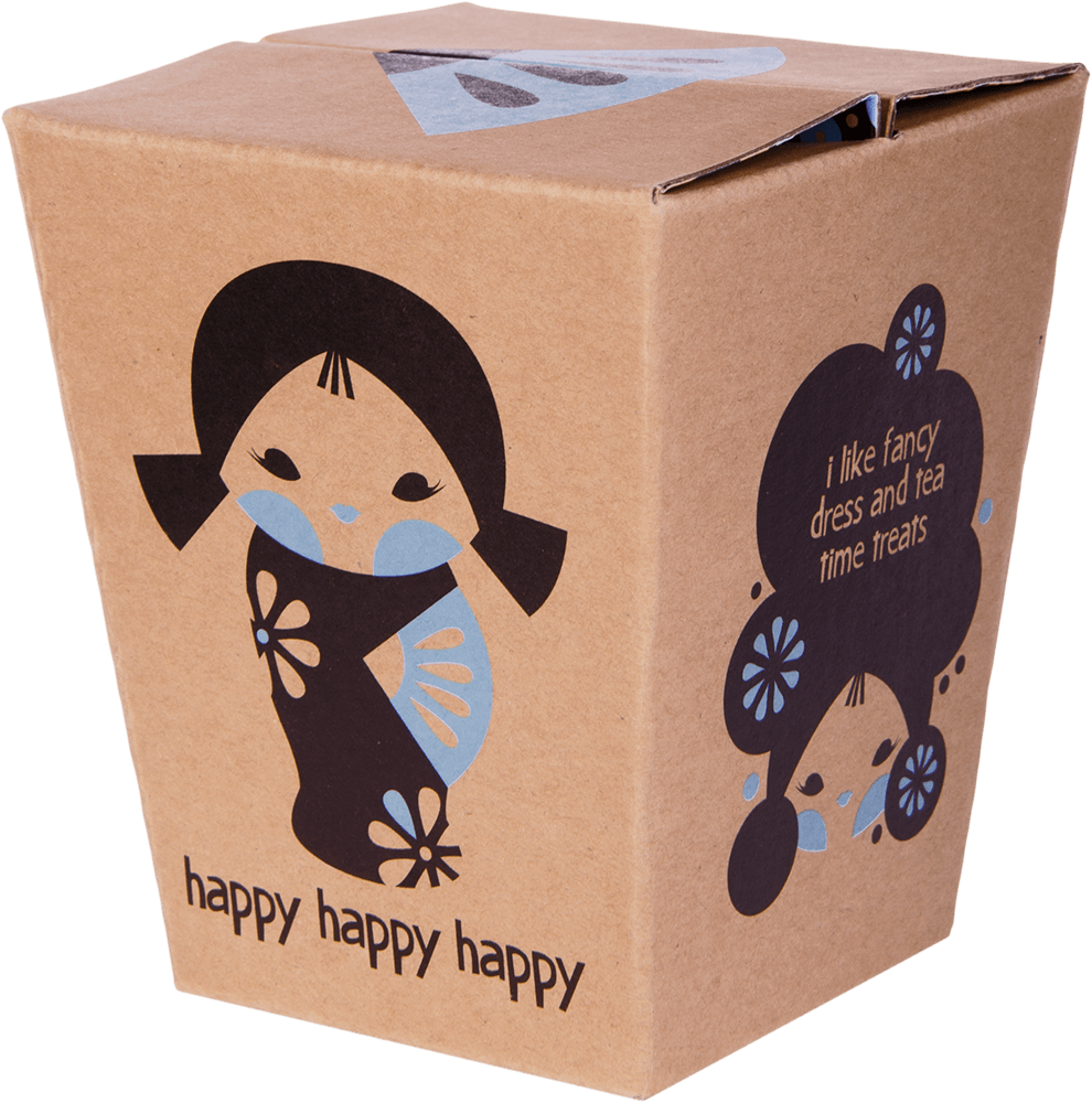 The "Happy Happy Happy" box features a Momiji doll character, floral details, cute design elements and cheerful text. — Momiji Doll