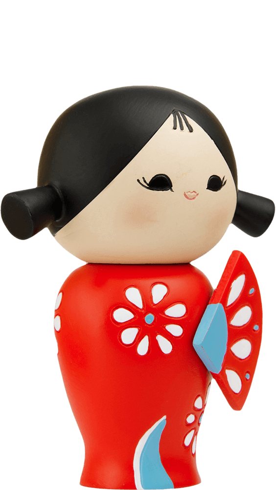 Happy Happy Happy Momiji doll with black hair, red outfit decorated with white flowers, and holding a red fan. — Momiji Doll