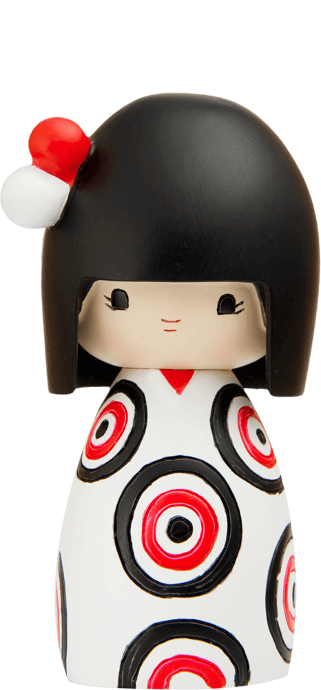 Funny Girl Momiji doll with black hair, red-white hair ornament, and a dress covered in bold red, black, and white circles. — Momiji Doll