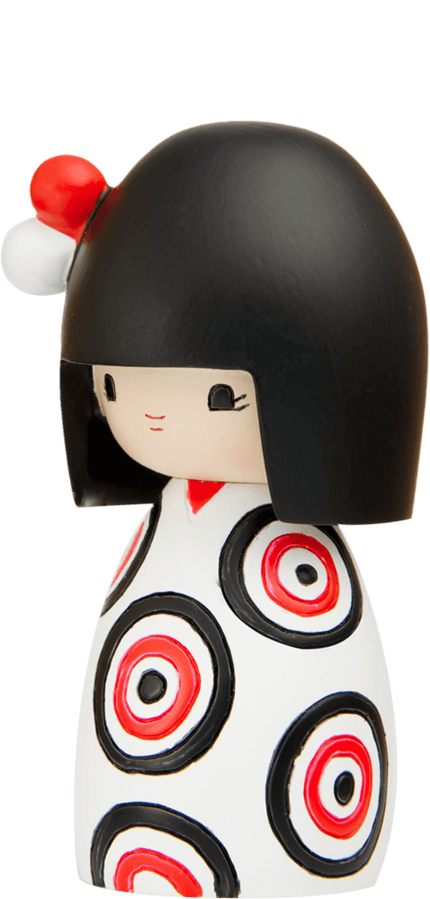 Funny Girl Momiji doll with black hair, a red and white hair ornament, and a black-red patterned dress. — Momiji Doll
