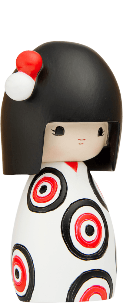 Funny Girl Momiji doll with black hair, red/white headpiece, and red-black patterned dress. Secret message inside. Collectible. — Momiji Doll