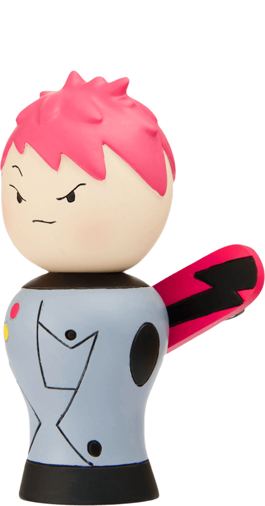 Ollie Momiji doll with pink spiky hair, blue suit, and a red wing featuring a black lightning bolt pattern. — Momiji Doll