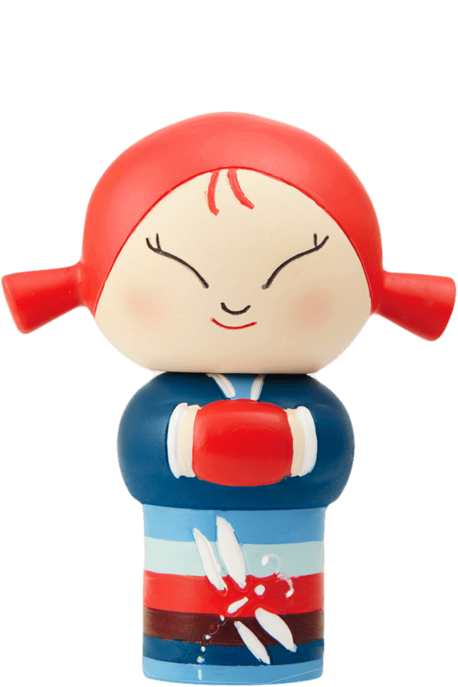 Momiji doll with bright red hair, red and white outfit, hands in front; vinyl collectible hiding a secret message inside. — Momiji Doll