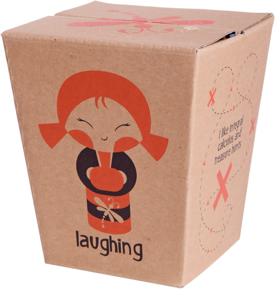 Brown takeout box featuring a smiling Laughing Momiji doll character illustration and “Laughing”—great for any Laughing Momiji doll. — Momiji Doll