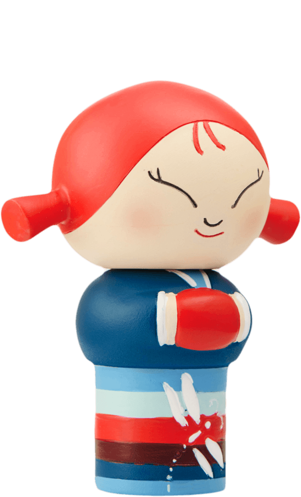 Momiji doll with red hair, blue outfit, and crossed arms, smiling sweetly; a cute collectible with a hidden message inside. — Momiji Doll