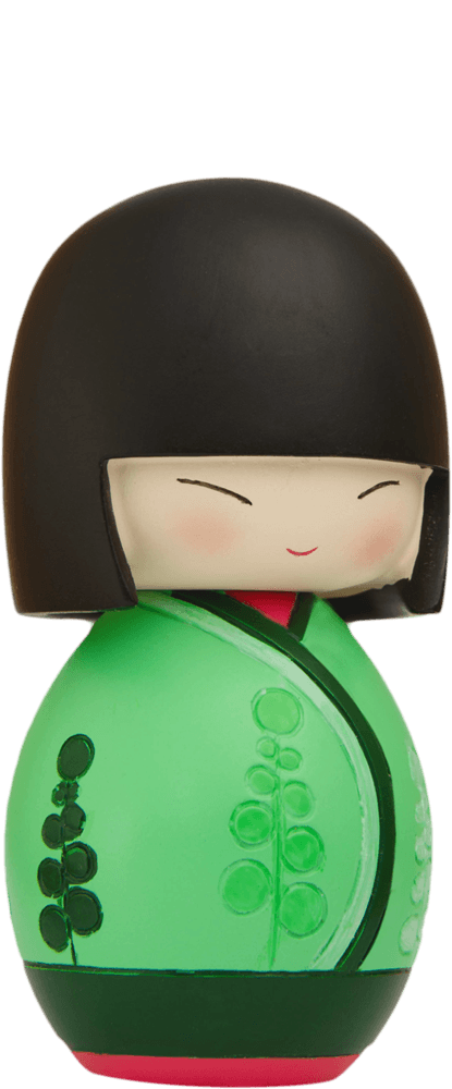 Soul Momiji doll features a black bob hairstyle and closed eyes, with a sweet smile—kawaii collectible hiding a secret message. — Momiji Doll