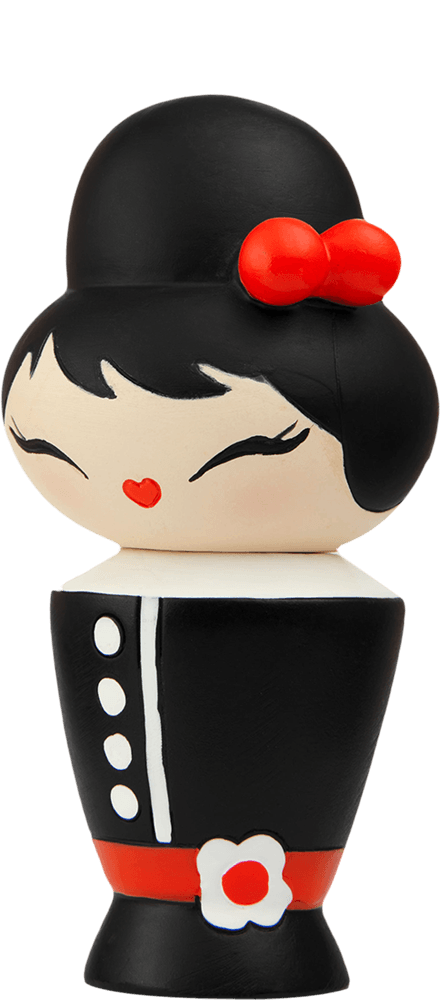 Coco Momiji doll with black hair, red bow, black dress with red and white accents, smiling sweetly. — Momiji Doll