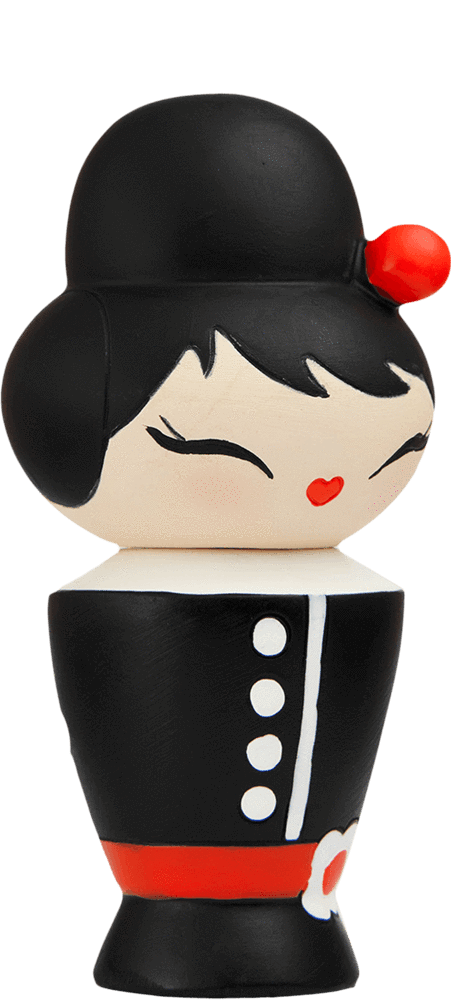 Coco Momiji doll with black hair, black outfit, red belt, red hair accessory, and closed smiling eyes. — Momiji Doll