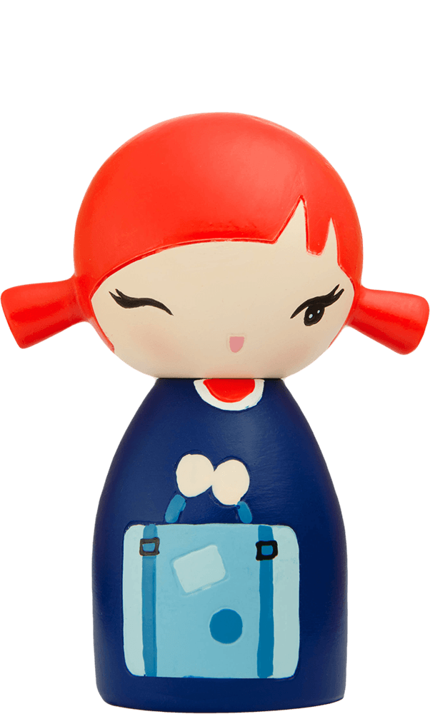 Poppet Momiji doll: red hair, winking face, blue dress, holding a tiny suitcase. Secret message slot underneath. — Momiji Doll