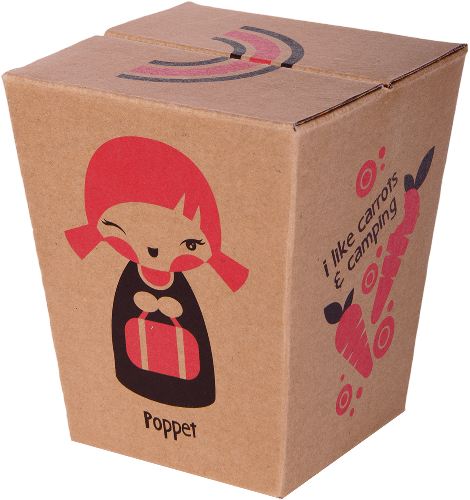 Brown box with Poppet Momiji doll, a kawaii collectible girl character holding carrots; cute, colorful and perfect for gifting. — Momiji Doll