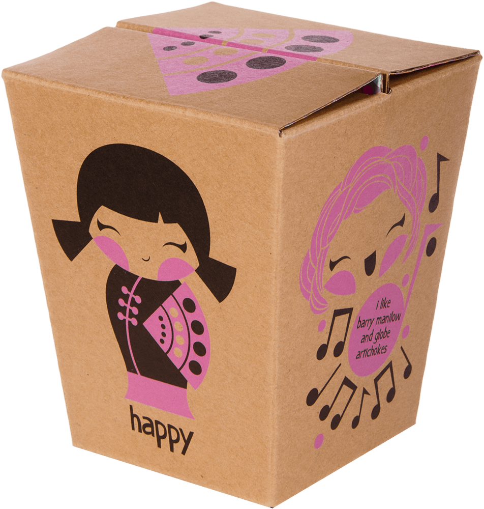 Brown takeout box featuring kawaii Momiji doll characters, musical notes, and "Happy Happy Happy" printed on the side. — Momiji Doll