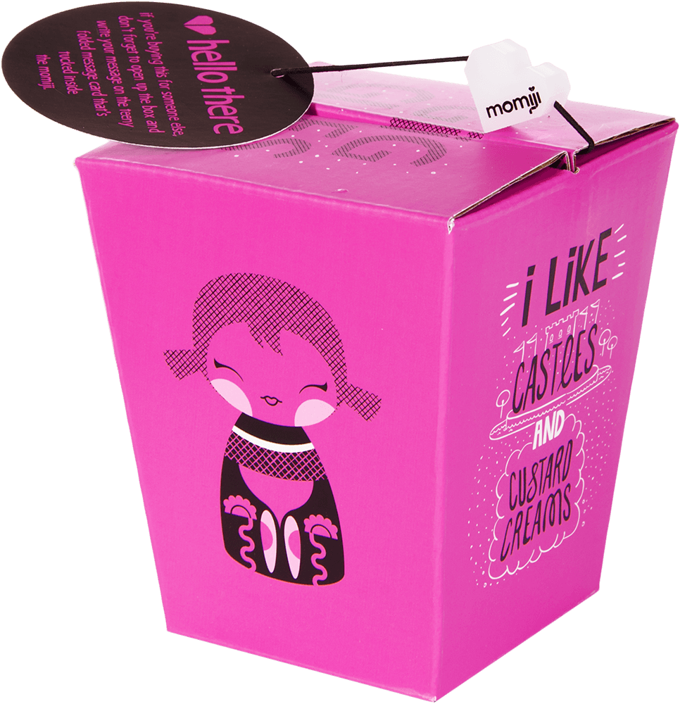 Bright pink Giggles Momiji doll box with cute cartoon girl, black tag on top, and "I like cakes and custard creams" text. — Momiji Doll