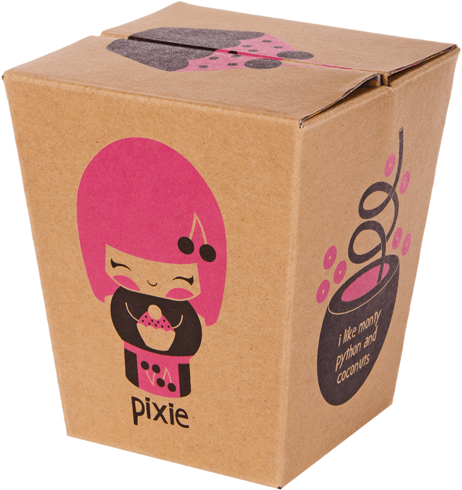 Kawaii Pixie Momiji doll box with pastel colors, features girl holding cupcake; playful collectible packaging, gift-ready. — Momiji Doll