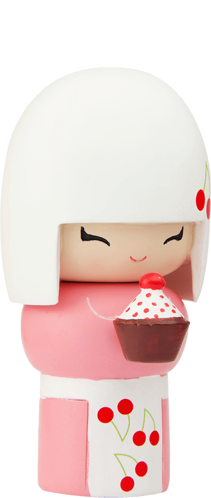 Pixie Momiji doll, white hair, smiling, pink outfit with red cherry patterns, holding a dessert. Kawaii collectible character. — Momiji Doll