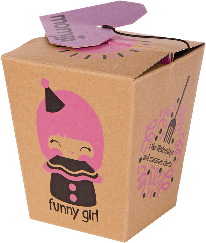 A brown takeout box with a pink lid, featuring a kawaii Momiji doll cartoon and "Funny Girl" character name on the side. — Momiji Doll