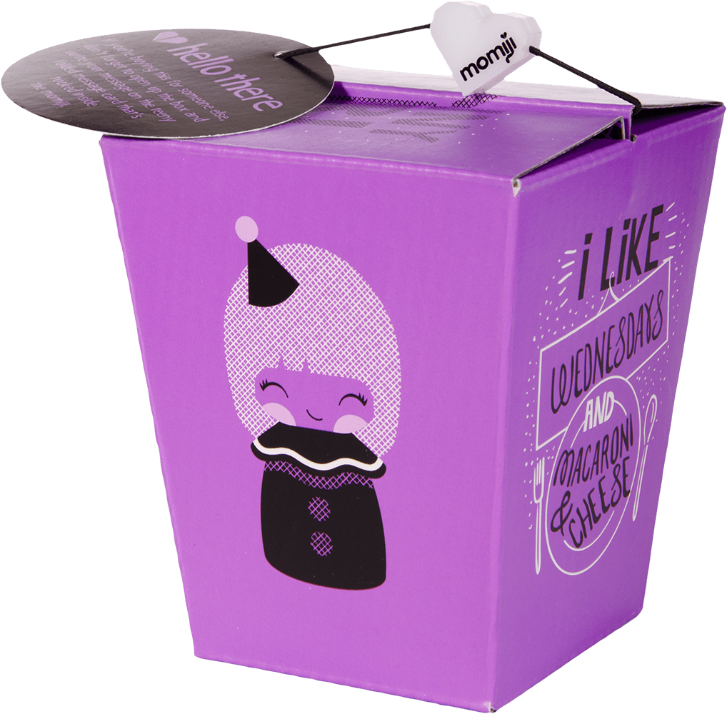 Purple takeout box with Funny Girl Momiji doll and text: I LIKE WEDNESDAYS AND MACARONI & CHEESE!. — Momiji Doll