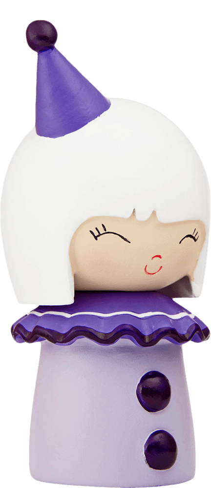 Funny Girl Momiji doll: a smiling clown with white hair, purple hat, and lavender outfit. Cute collectible with secret message. — Momiji Doll