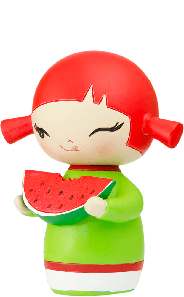 Poppet Momiji doll with red pigtails, green outfit, winking, and holding a slice of watermelon. Collectible kawaii character. — Momiji Doll