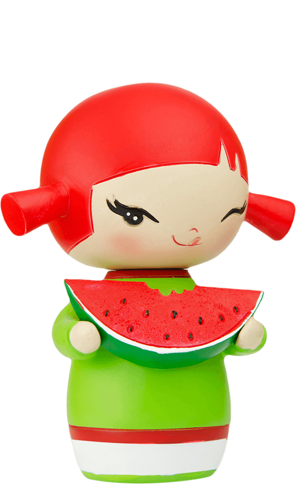 Poppet Momiji doll with red hair, green dress, holds a watermelon slice, winking and smiling playfully. — Momiji Doll
