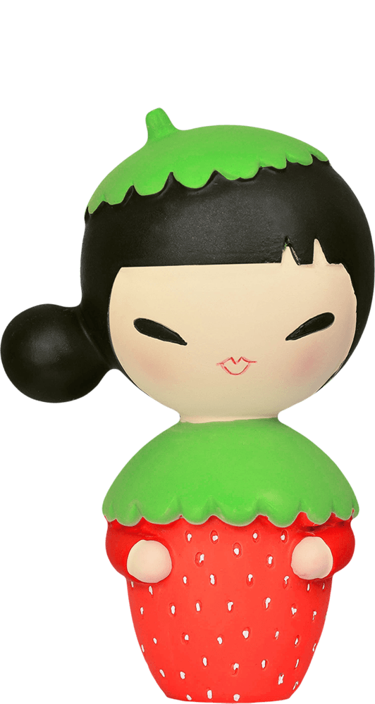Silly Billy Momiji doll has black hair, a red strawberry outfit, green cap, and a hidden message slot under her base. — Momiji Doll