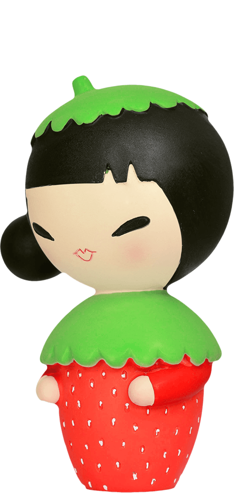 Silly Billy Momiji doll with black hair, red strawberry outfit, and green cap; kawaii collectible hiding a secret message. — Momiji Doll