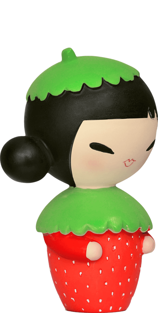Silly Billy Momiji doll with black hair, a red strawberry outfit, and a green leafy cap. Kawaii collectible with secret note inside. — Momiji Doll