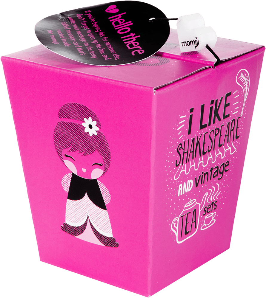 Bright pink Coco Momiji doll box with cute character, speech bubble: I like Shakespeare & vintage tea sets. Tag says hello there. — Momiji Doll