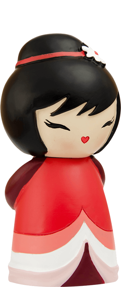 Coco Momiji doll with black hair, red flower hair accessory, and a red dress featuring pink and white details. — Momiji Doll