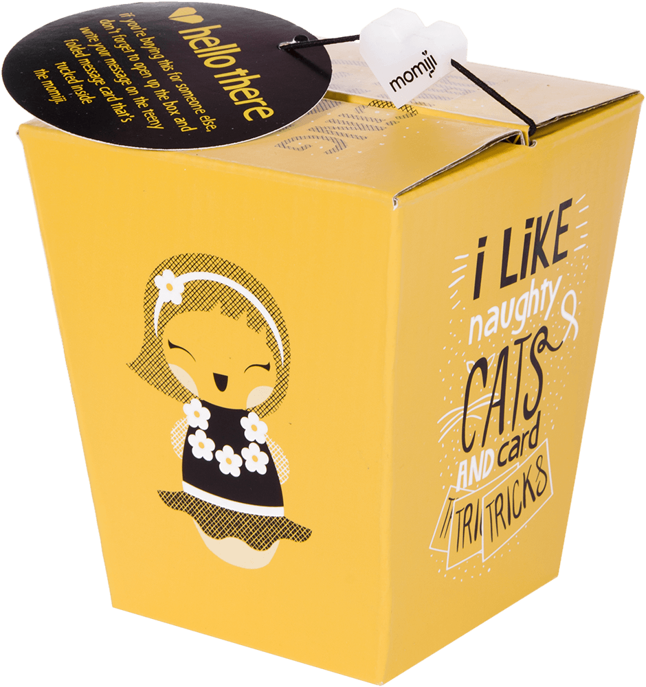 Yellow box with Dancing Girl Momiji doll, message “I like naughty cats and card tricks” and a round black tag—kawaii collectible. — Momiji Doll