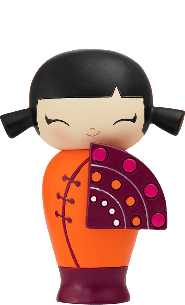 Happy Happy Happy Momiji doll with black hair, orange dress, and holding a purple fan. Collectible vinyl message doll. — Momiji Doll