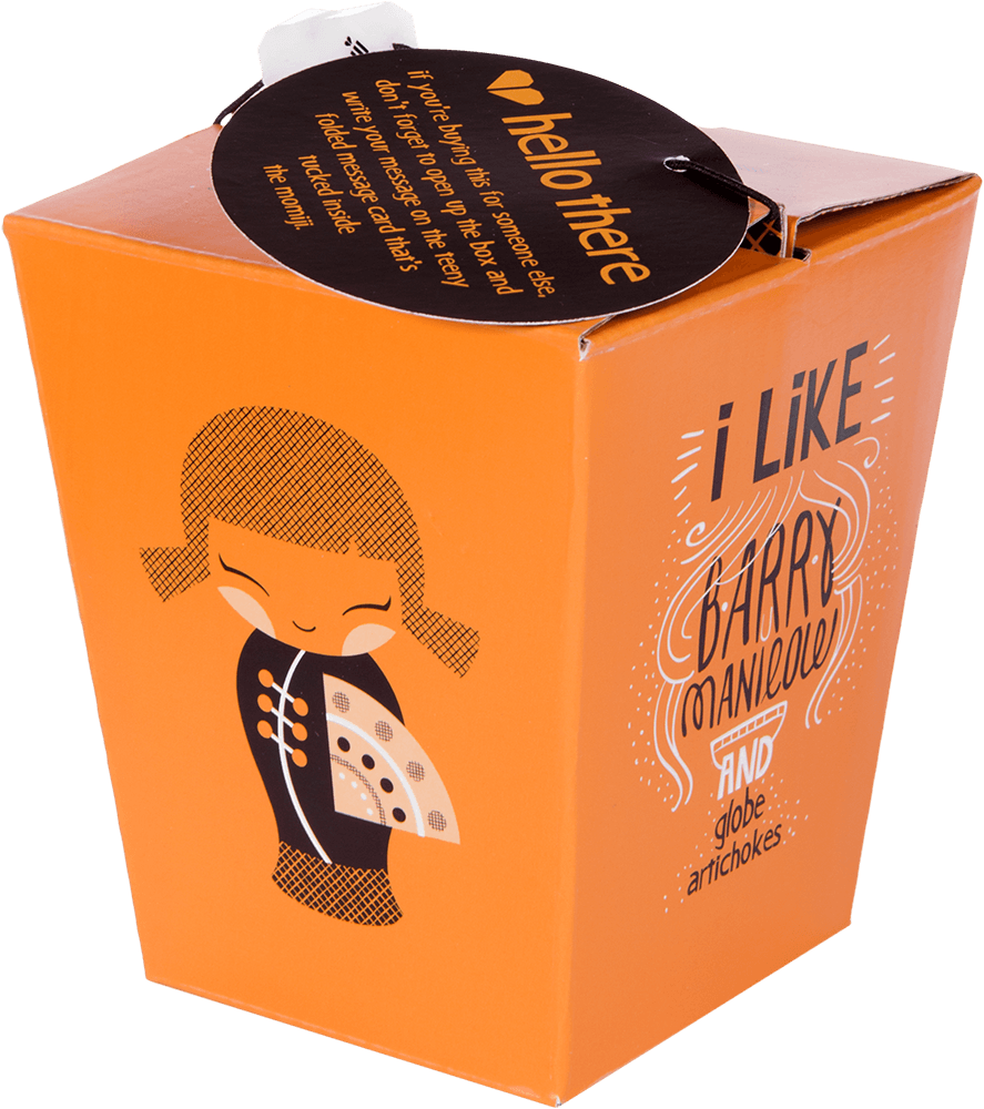 Happy Happy Happy Momiji doll on a takeout box with cartoon girl, plus text: I like Barry Manilow and globe artichokes. — Momiji Doll