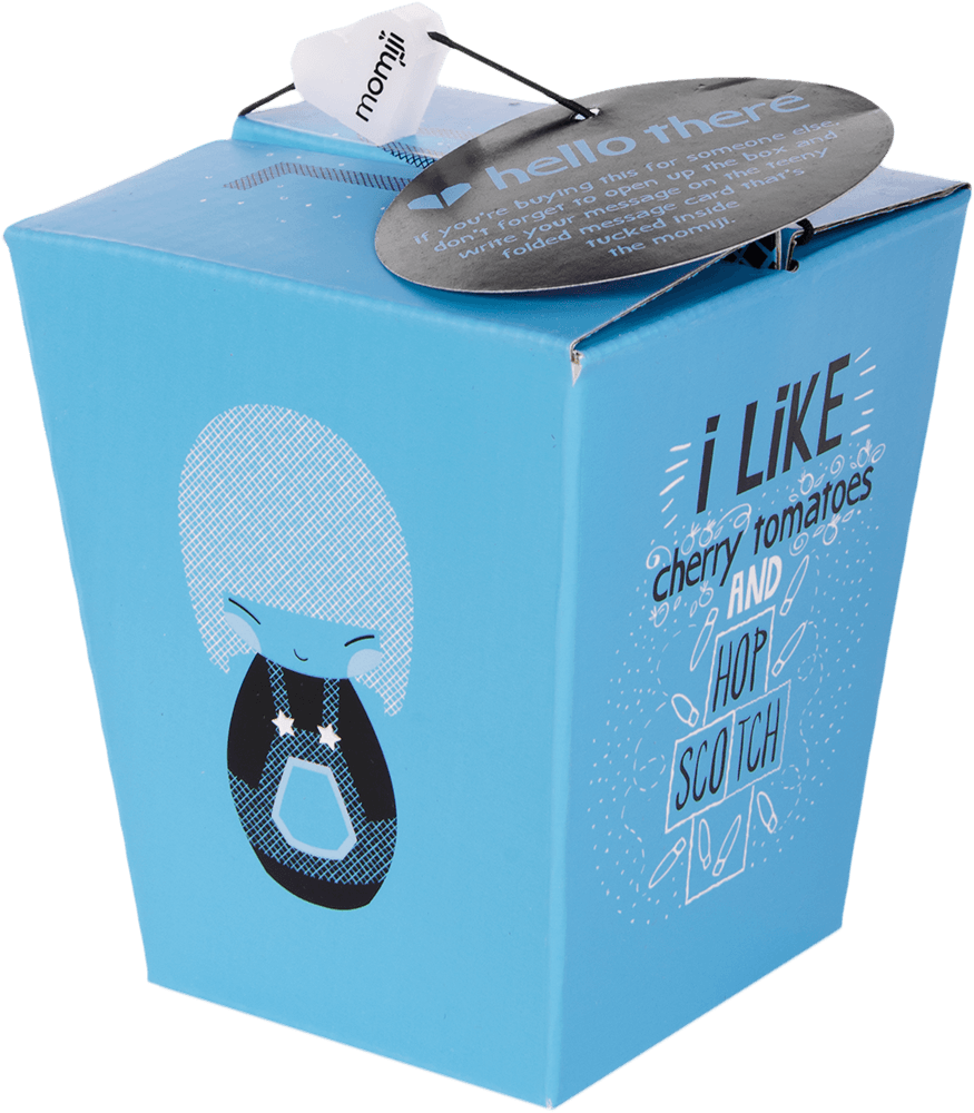 A blue "Soul" Momiji doll gift box with the character printed, message doll text, and a circular tag on top. — Momiji Doll